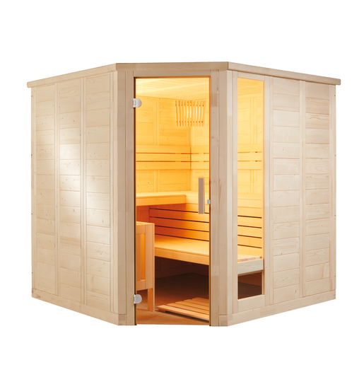 Massivsauna Komfort Corner Large aus massiver Fichte 2340 x 2060 x 2040mm