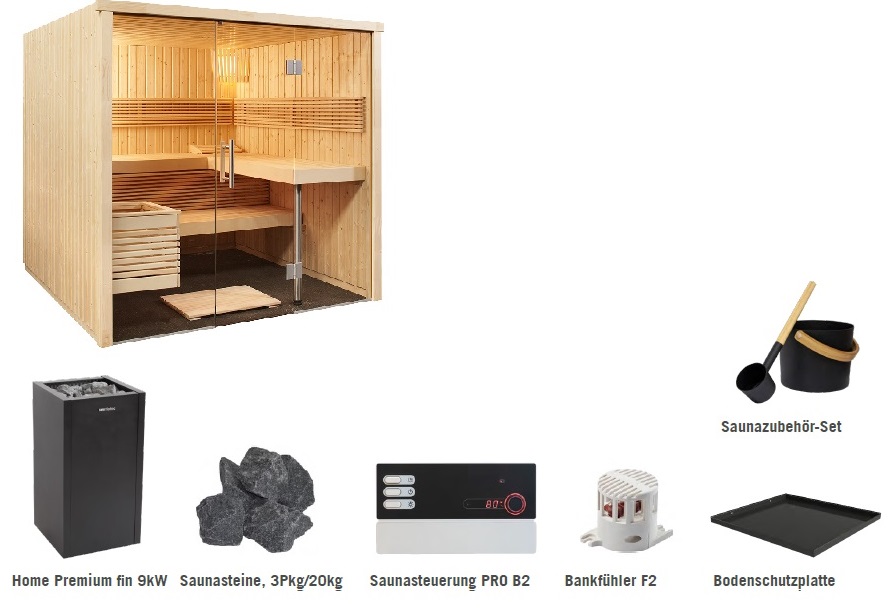 Elementsauna Set Panorama Large, aus Fichte 2139 x 2152 x 2010mm mit Finnischem Ofen Elementsauna Set Panorama Large, aus Fichte 2139 x 2152 x 2010mm mit Finnischem Ofen
