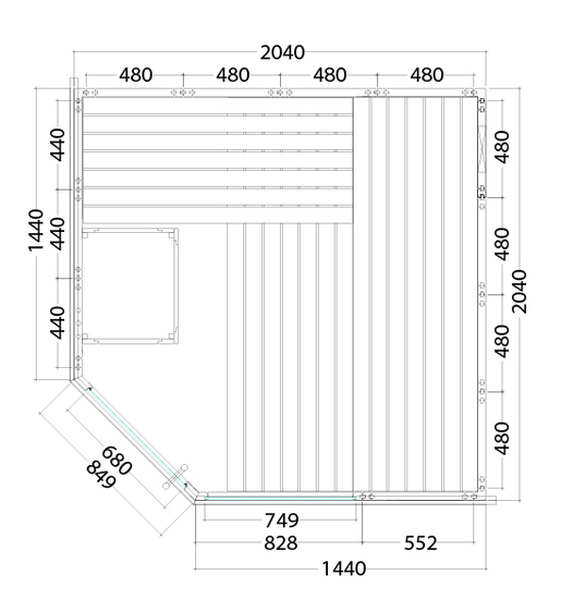 Alaska Corner Set aus massiver Fichte 2060 x 2060 x 2040mm mit Finnischen Ofen