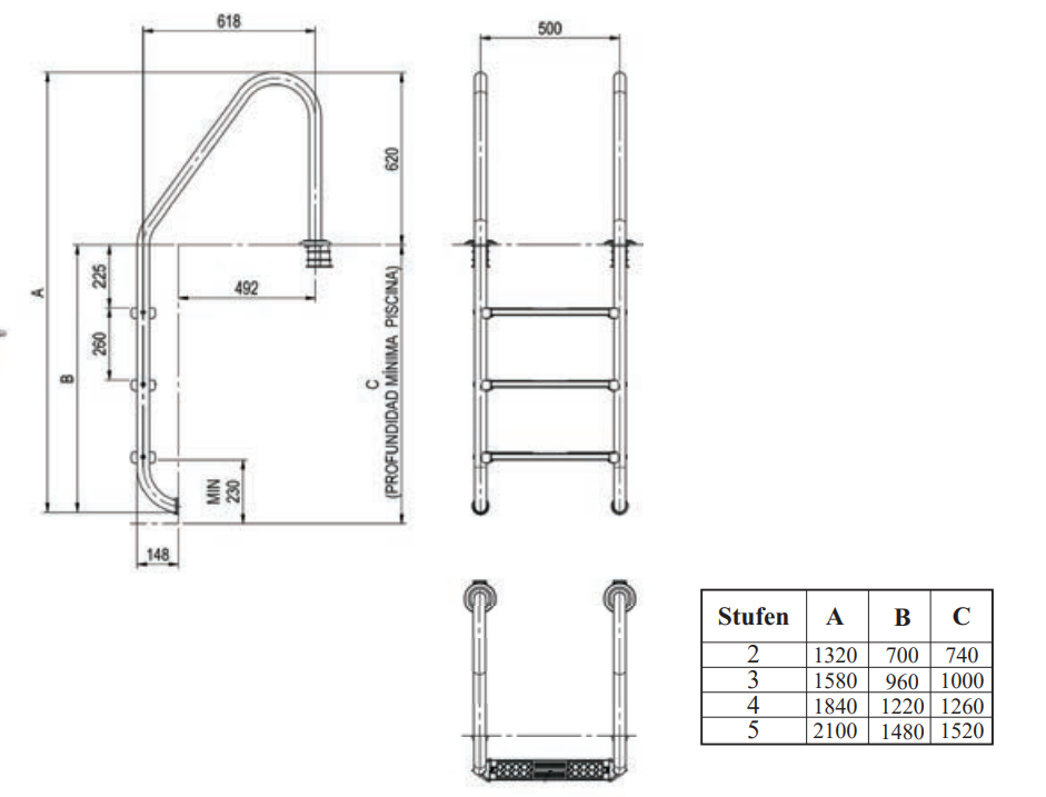 Edelstahlleiter STANDARD d43 mm 3-stufig V4A mit  Antislip Stufen