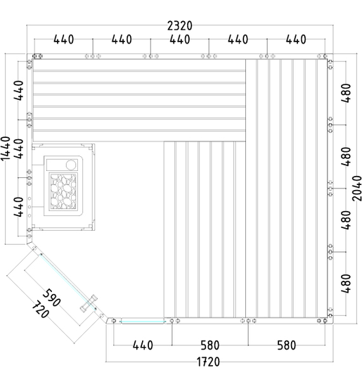 Massivsauna Komfort Corner Large aus massiver Fichte 2340 x 2060 x 2040mm