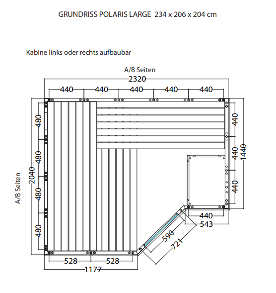 Massivsauna  Polaris Large aus massiver Fichte 2340 x 2060 x 2040mm