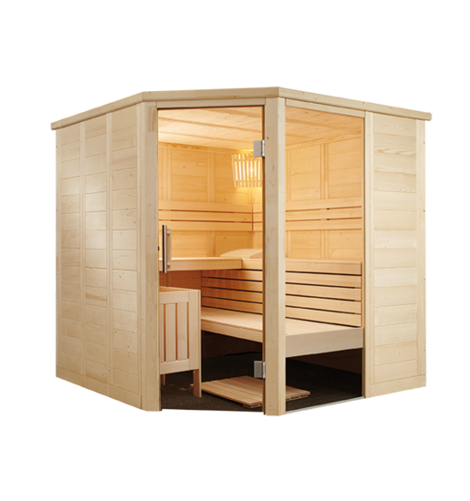 Massivsauna Alaska Corner aus massiver Fichte 2060 x 2060 x 2040mm